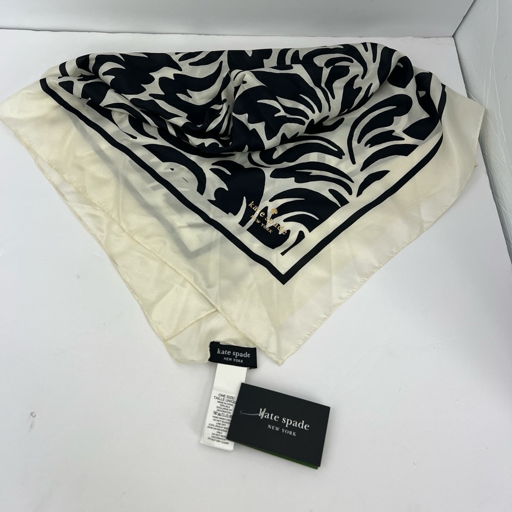 KATE SPADE NEW YORK, 100% PURE SILK SQUARE SCARF, BLACK & CREAM FLOURISH SWIRL